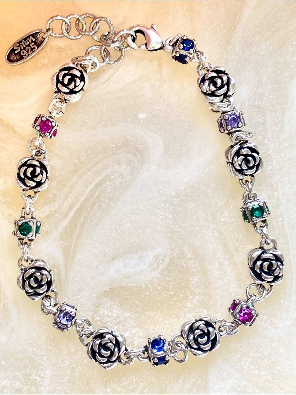 Sterling Silver Rose Link Bracelet with Multicolor Gem Accents